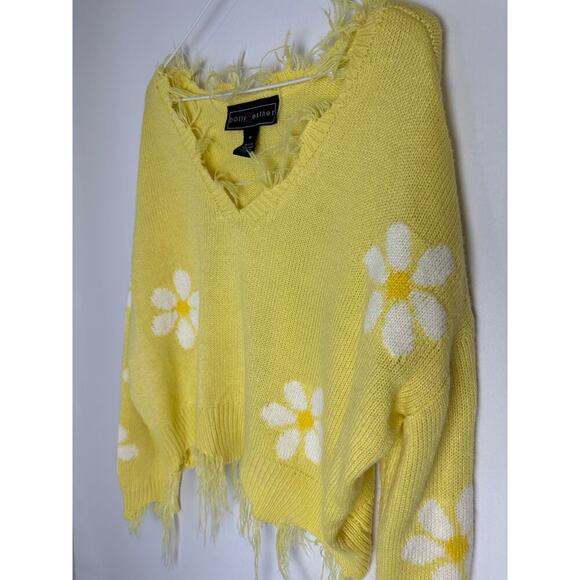 Polly & Esther Cropped Distressed Sweater Yellow Daisy Floral Y2K - Picture 3 of 11